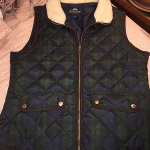 NAVY & GREEN PLAID VEST W/ FAUX SHERPA COLLAR